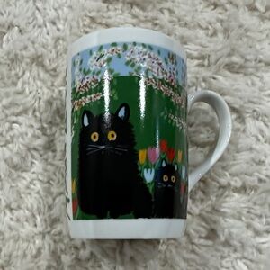 Maude Lewis Black & White Cat Duo Floral Ceramic Mug. NWT